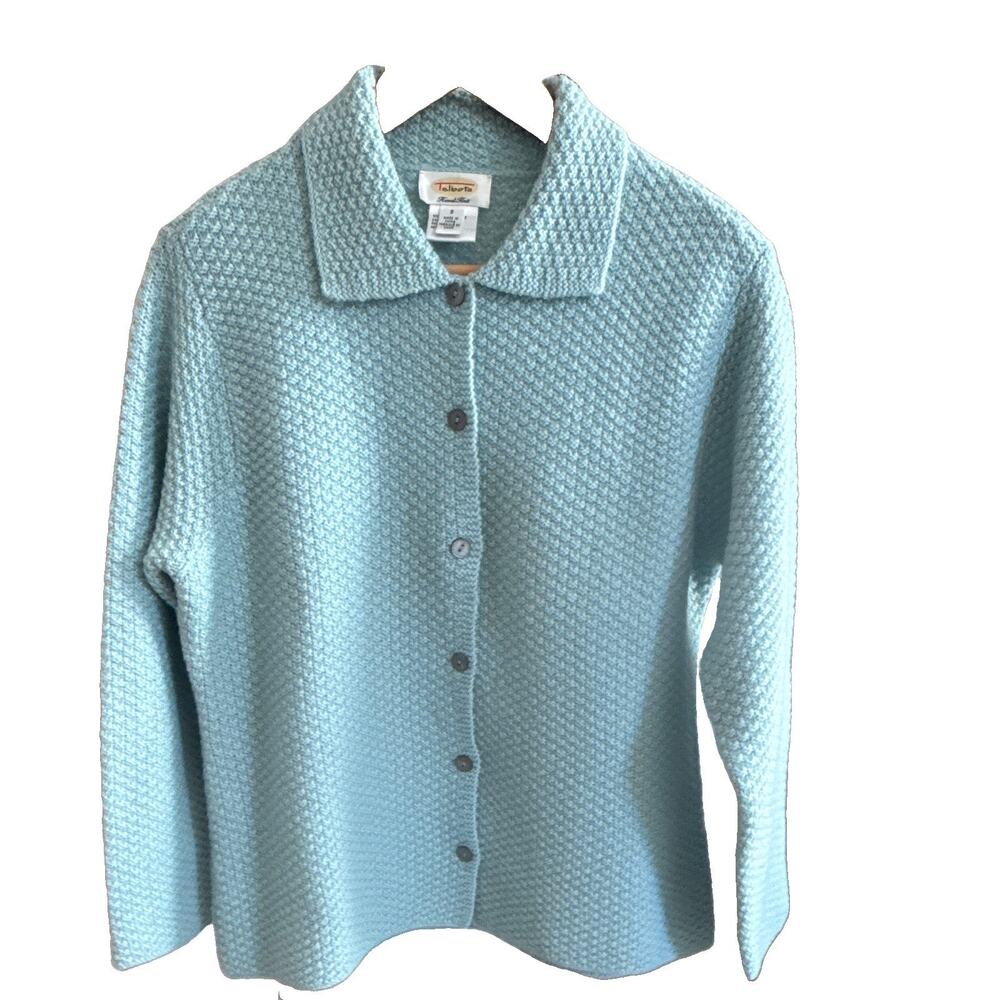 VTG Talbots Hand Knit Cardigan Sweater SmallPastel Blue Seed Stitch Collared Y2K